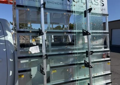 Apex Glass truck rack loaded with glass panels for delivery