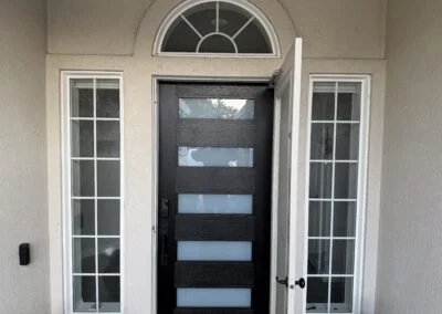 Black modern entry door with frosted inserts and arched transom
