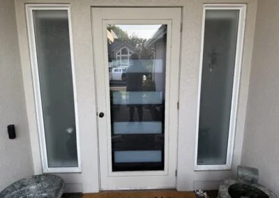 Entry door with frosted glass sidelights and glass panel inserts