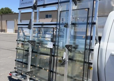 Glass panels strapped to an Apex Glass truck rack