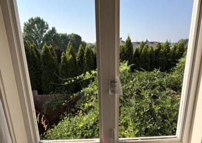 Open casement windows with views of tall green hedges